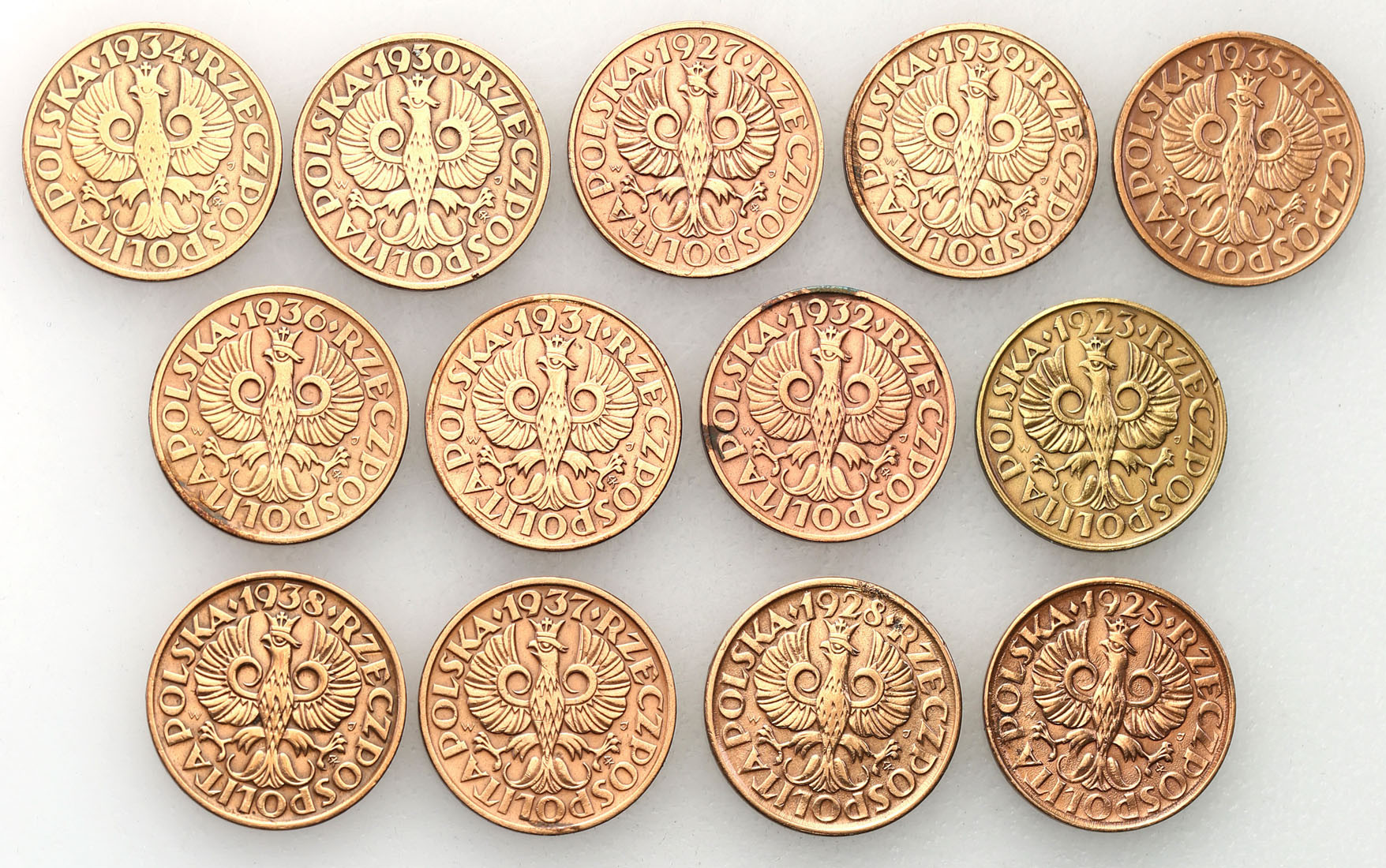 II RP. 2 grosze 1923-1939, zestaw 13 monet
